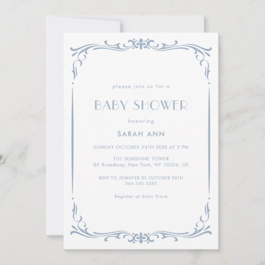 ブルーフランスのヴィンテージクラシックフレームベビーシャワー 招待状 (正面)