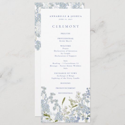 ブルーフランスの花模様の式結婚プログラム (正面/裏面)