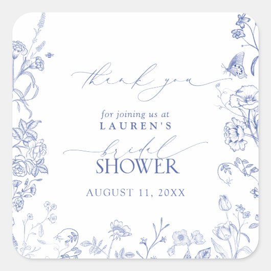 ブルーフランスの&ホワイトフローラブライダルシャワーありがとう スクエアシール (正面)