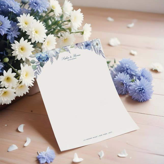 ブルーフランスの&ラベンダーウォーターカラーフローラ結婚ズ レターヘッド (French Blue & Lavender Watercolor Floral Wedding Letterhead)