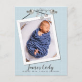 ブルーフレームでハンサム写真誕生のお知らせ ポストカード (正面)