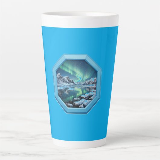 ブルーフレームに映る山の湖とオーロラ カフェラテマグ (正面)