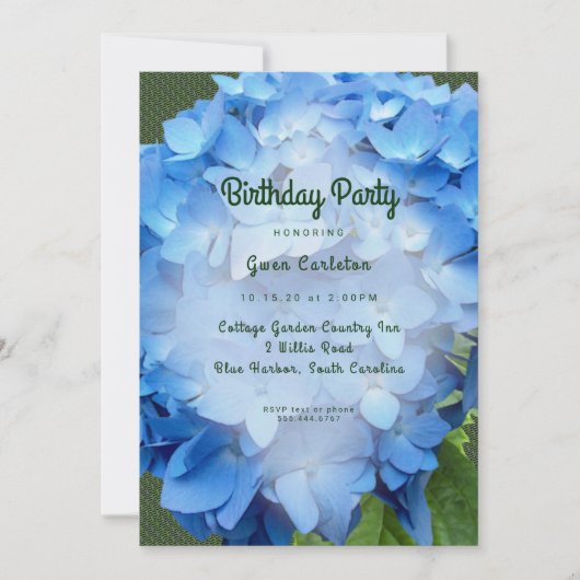 ブルーフローラあじさい誕生日パーティーの招待 招待状 (正面)