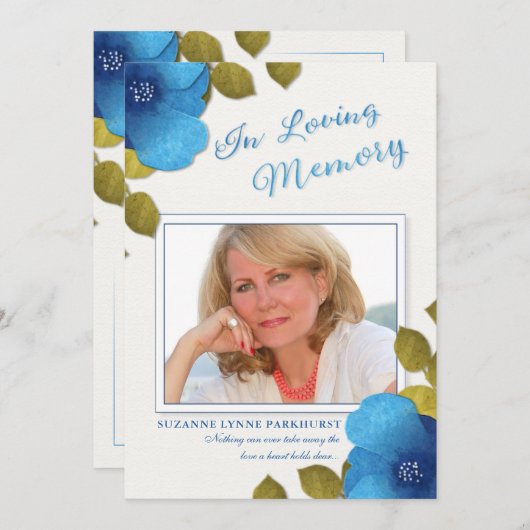 ブルーフローラありがとう悔やみや弔慰カスタムフォトカード サンキューカード (正面/裏面)