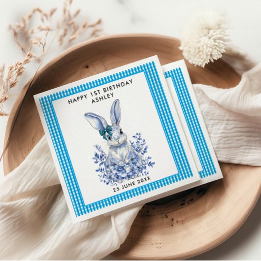 ブルーフローラうさぎ1歳子供へ誕生日 スタンダードカクテルナプキン
