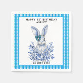 ブルーフローラうさぎ1歳子供へ誕生日 スタンダードカクテルナプキン (正面)