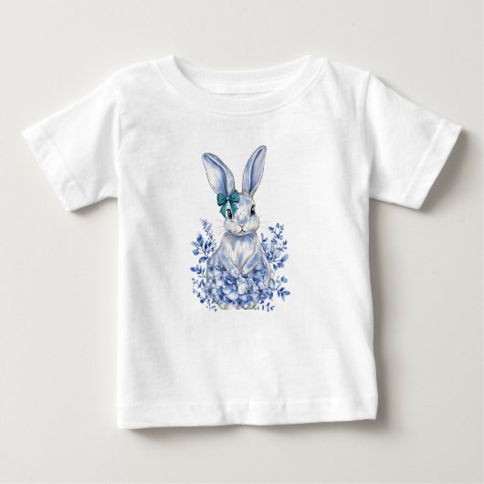 ブルーフローラうさぎ1歳子供へ誕生日 ベビーTシャツ (正面)
