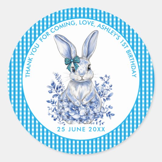 ブルーフローラうさぎ1歳子供へ誕生日 ラウンドシール (正面)