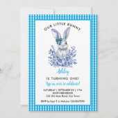 ブルーフローラうさぎ1歳子供へ誕生日 招待状 (正面)