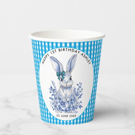 ブルーフローラうさぎ1歳子供へ誕生日 紙コップ (正面)