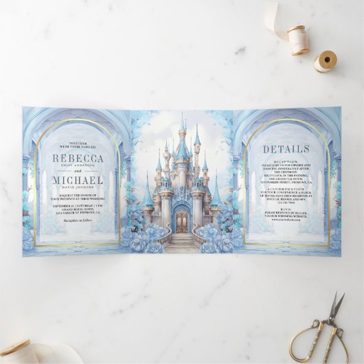 ブルーフローラおとぎ話の城結婚すべて 三つ折り招待状 (内部)