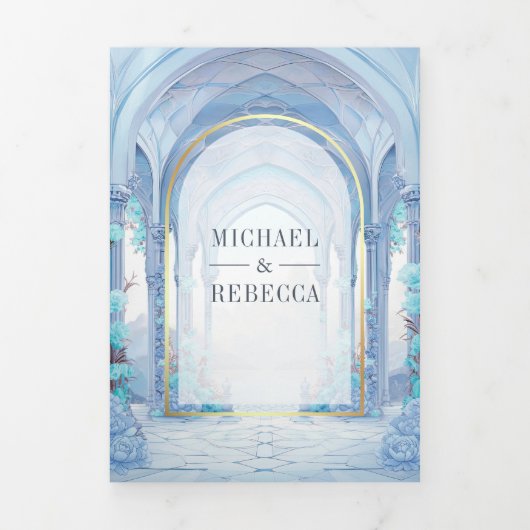 ブルーフローラおとぎ話の城結婚すべて 三つ折り招待状 (カバー)