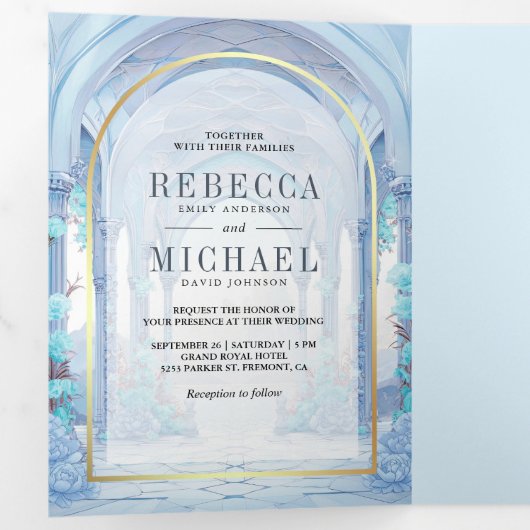 ブルーフローラおとぎ話の城結婚すべて 三つ折り招待状 (内部最初)