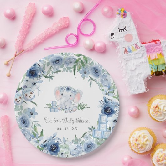 ブルーフローラかわいい象の男の子の赤ちゃんシャワー ペーパープレート (パーティー)