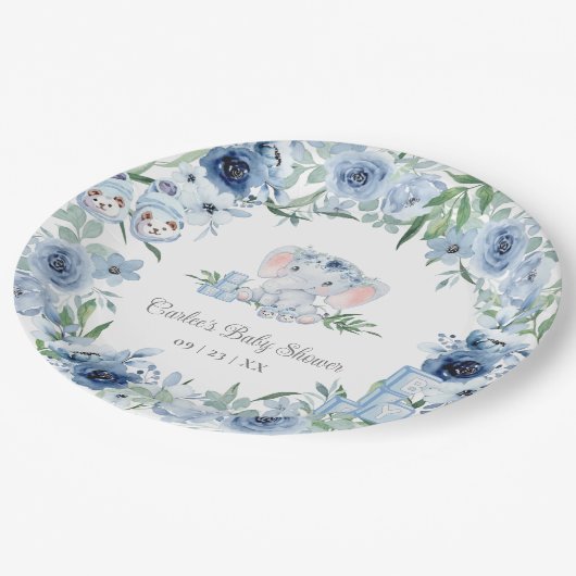 ブルーフローラかわいい象の男の子の赤ちゃんシャワー ペーパープレート (アングル)