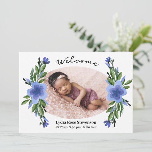 ブルーフローラかわいらし楕円枠フォト誕生 案内状 (スタンド正面)