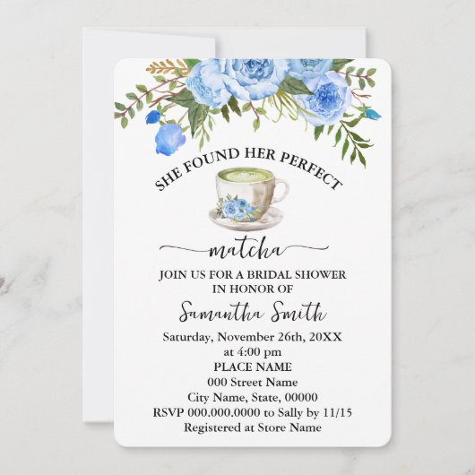ブルーフローラが彼女の完璧な抹茶ブライダルシャワー 招待状 (正面)