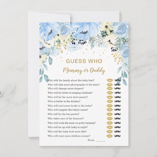 ブルーフローラが誰のベビーシャワーゲームか推測 招待状 (正面)