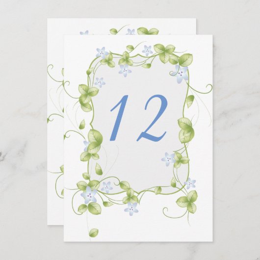 ブルーフローラつる植物ウェディングレセプションテーブル番号 エンクロージャーカード (正面/裏面)