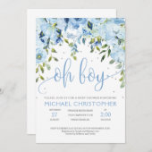 ブルーフローラとシルバー赤ちゃんシャワー招待状 招待状 (正面/裏面)