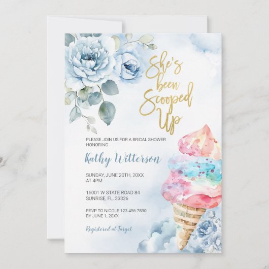 ブルーフローラアイスクリームスコップブライダルシャワー 招待状 (正面)