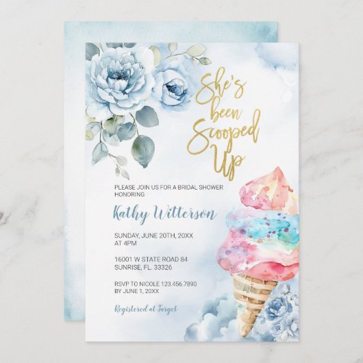 ブルーフローラアイスクリームスコップブライダルシャワー 招待状 (正面/裏面)