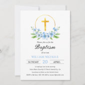 ブルーフローラアレンジメント、金ゴールドクロスボーイバプテスマ 招待状 (正面)