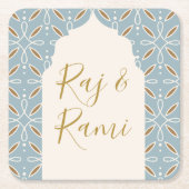 ブルーフローラアーチインディアン結婚ズ スクエアペーパーコースター (正面)