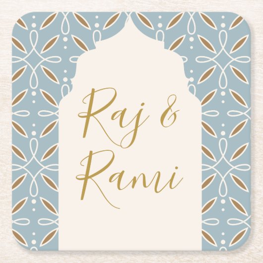 ブルーフローラアーチインディアン結婚ズ スクエアペーパーコースター (正面)