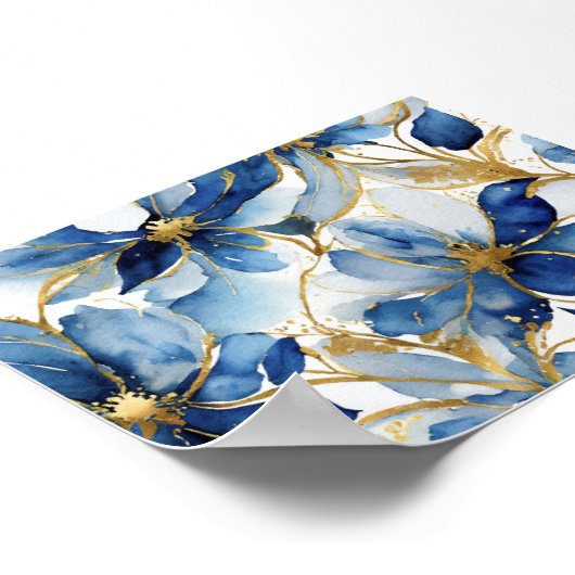 ブルーフローラアートプリントと金ゴールドアクセント ポスター (角)