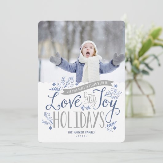 ブルーフローラウィムシーホリデーフォトカード シーズンカード (スタンド正面)