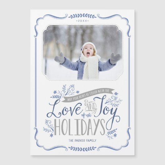 ブルーフローラウィムシー磁気ホリデーフォトカード (正面)