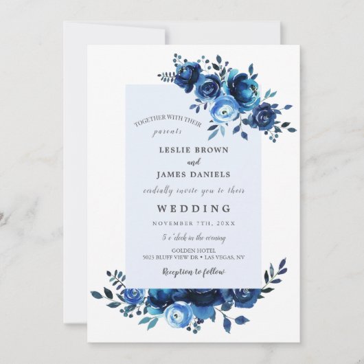 ブルーフローラウォーターカラーフラワー結婚式招待状 招待状 (正面)