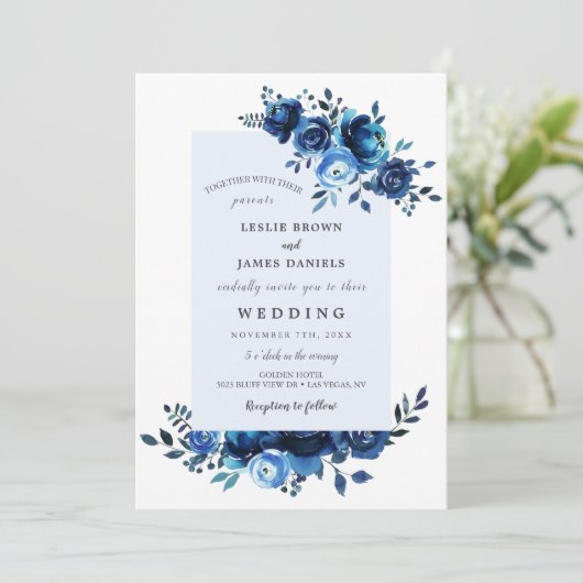 ブルーフローラウォーターカラーフラワー結婚式招待状 招待状 (スタンド正面)