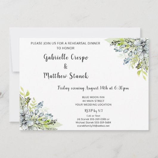 ブルーフローラウォーターカラーモダンリハーサルディナー 招待状 (正面)