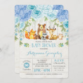 ブルーフローラウッドランド動物少年の赤ちゃんシャワー 招待状 (正面/裏面)
