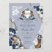 ブルーフローラエレガント&クレスト女性のカーボーイランチスイーツ16 招待状 (正面/裏面)
