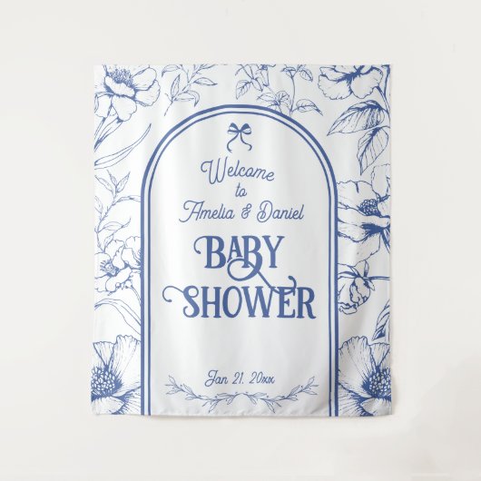 ブルーフローラオーナメントクラシックニュートラルウェルカム タペストリー (正面)