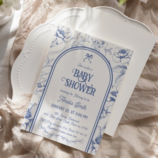 ブルーフローラオーナメントヴィンテージベビーシャワーの招待 招待状