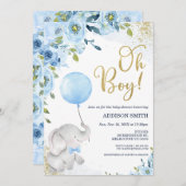 ブルーフローラオーボーイエレファントベビーシャワー招待状 招待状 (正面/裏面)
