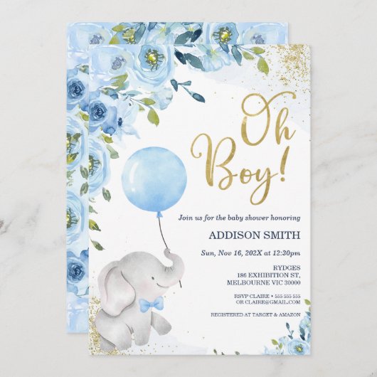 ブルーフローラオーボーイエレファントベビーシャワー招待状 招待状 (正面/裏面)