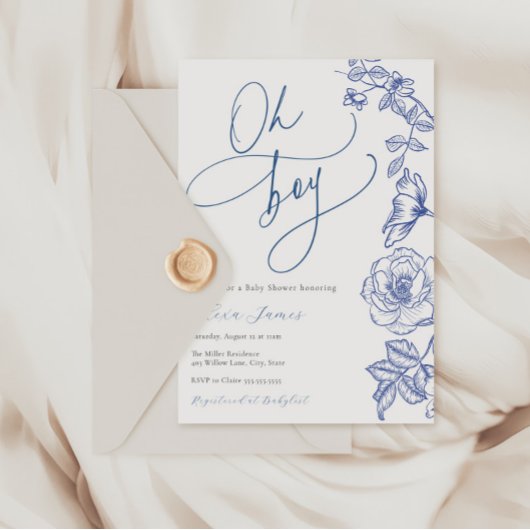 ブルーフローラオーボーイベビーシャワー招待状 招待状