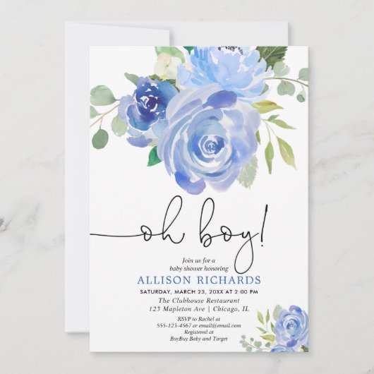 ブルーフローラオ男の子の赤ちゃんシャワー 招待状 (正面)
