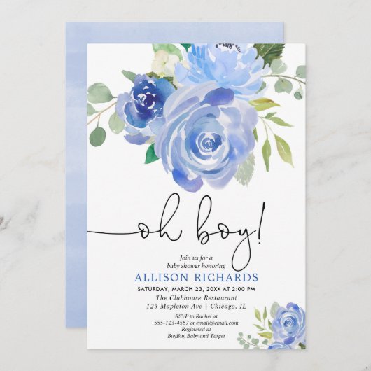 ブルーフローラオ男の子の赤ちゃんシャワー 招待状 (正面/裏面)