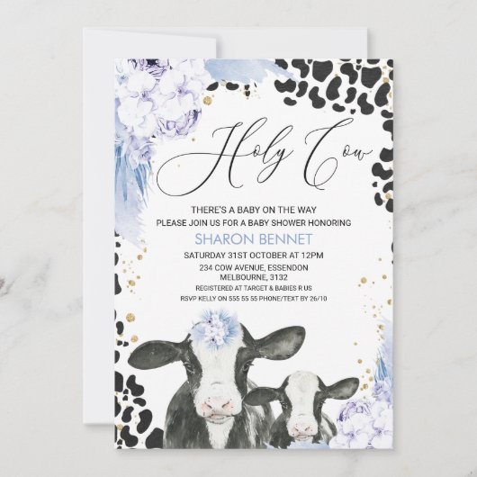 ブルーフローラカウカーフボホフローラベビーシャワー 招待状 (正面)