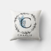 ブルーフローラカスタムモノグラム – 文字C クッション (裏面)