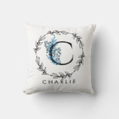 ブルーフローラカスタムモノグラム – 文字C クッション (正面)