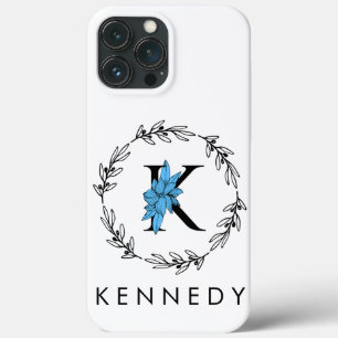 ブルーフローラカスタムモノグラム – 文字K iPhone 13 PRO MAXケース