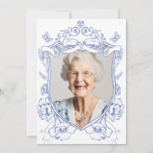 ブルーフローラカスタム写真100th誕生日パーティー 招待状 (裏面)