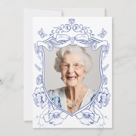 ブルーフローラカスタム写真100th誕生日パーティー 招待状 (裏面)